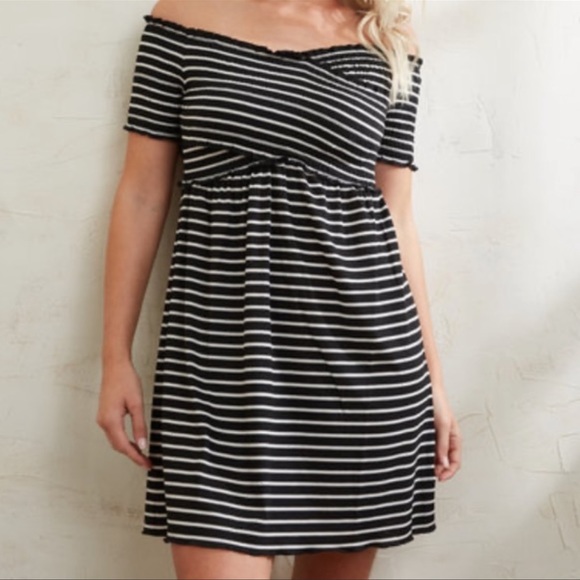 Jack by BB Dakota Always Sunny cold shoulder black white striped mini dress - Picture 2 of 8